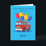 Maßgeschneiderte Feuerwehrwagen Grandson Birthday  Ankündigung<br><div class="desc">Feiern Sie Ihren geliebten Kleinen mit dieser personalisierten Geburtstagskarte - perfekt für Ihren ganz besonderen Enkel! Dieses fröhliche Design mit einem bezaubernden Feuerwehrauto mit Ballons wird Sie begeistern. Nutzen Sie unser Design-Tool, um jedes Teil individuell anzupassen: den Namen auf der Vorderseite, das Gedicht auf der Innenseite und das Geburtstagsalter. Achten...</div>