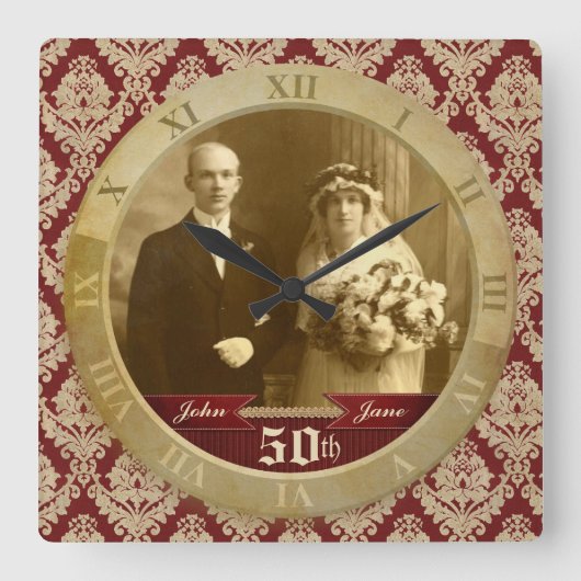 Maßgeschneiderte Foto Clock Red Damask Roman Numer Quadratische Wanduhr (Vorderseite)