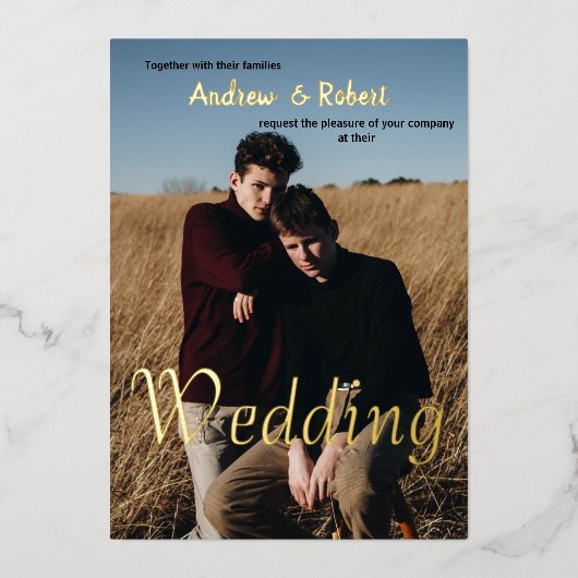 Maßgeschneiderte Foto- und Aquarellschwulenhochzei Folieneinladung (Vorderseite)