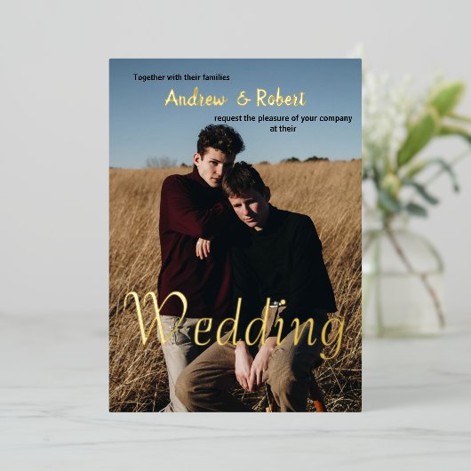 Maßgeschneiderte Foto- und Aquarellschwulenhochzei Folieneinladung (Stehend vorne)