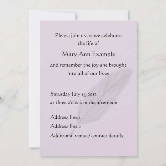 Maßgeschneiderte Gedenkstätte / Lebensbeerdigung ( Einladung (Rückseite)