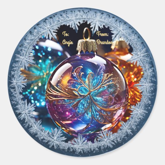 Maßgeschneiderte Glasschmuck im Snowflake-Rahmen Runder Aufkleber (Vorderseite)