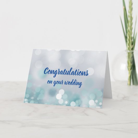 Maßgeschneiderte Glückwünsche Hochzeit Blue Bokeh Karte (Vorderseite)