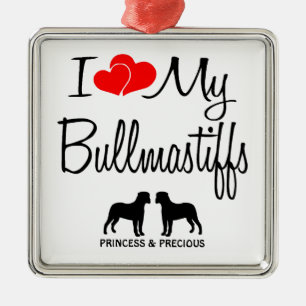 Maßgeschneiderte I-Liebe meiner zwei Bullmastiffs Silbernes Ornament