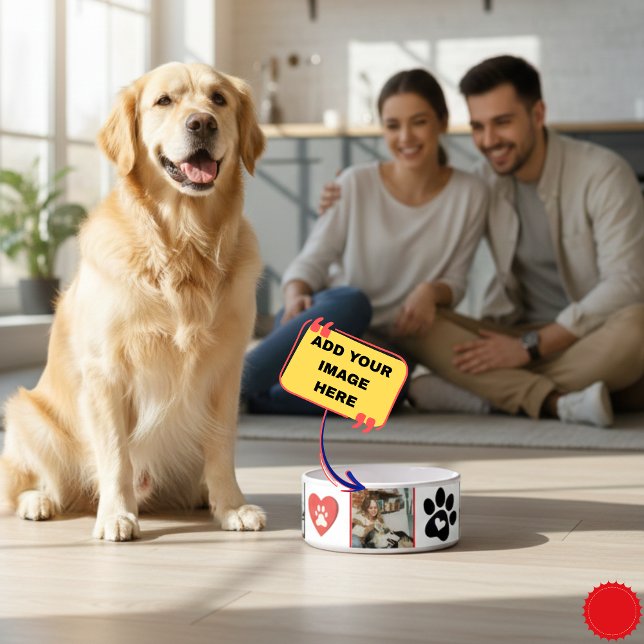 Maßgeschneiderte Katzenfoto-Sammelbox - Rot und Bl Napf (Customizable Cat Photo Collage Bowl - Red and Black Heart Paw Print Design - Personalized Pet Feedin)