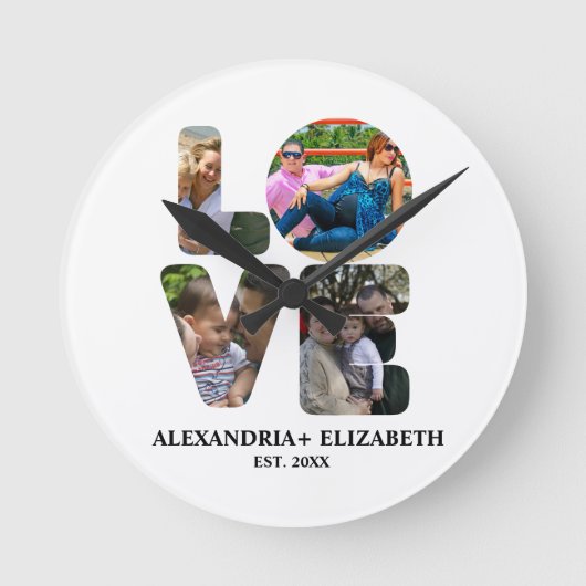 Maßgeschneiderte moderne Liebe 4 Foto Collage für Runde Wanduhr (Vorderseite)