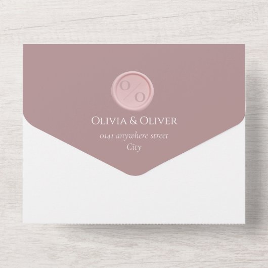 Maßgeschneiderte Monogramm staubige Rose Kalligraf All In One Einladung (Rückseite)