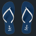 Maßgeschneiderte nautische Monogramm Strand Hochze Badesandalen<br><div class="desc">Personalisierte Hochzeitskippen für Braut und Bräutigam oder Gäste. Elegantes Gastgeschenk Set mit eigenem Nachnamen oder Monogramm und Segelschiff / Bootanker Ikone. Individueller Hintergrund und Band Farbe für ihn und sie / Männer und Frauen. Romantisches Marineblau und Weiß, seine und ihre Keilsandalen mit stilvollen Skriptkalligraphie Typografie. Vergnügen für Hochzeiten, Hochzeiten, Brautparty,...</div>