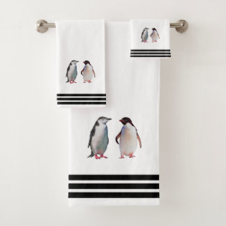 Maßgeschneiderte Pinguine & Drei schwarze Streifen Badhandtuch Set