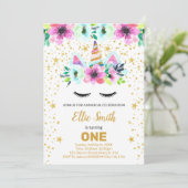 Maßgeschneiderte rosa und grüne Einhornkarten Einladung (Stehend Vorderseite)