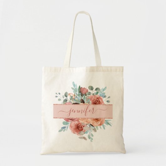 Maßgeschneiderte Rose Gold Floral Tote Tasche. Bri Tragetasche (Vorne)