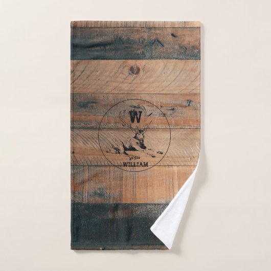 Maßgeschneiderte rustikale Holztextur & Hirschmono Badhandtuch Set (Handtuch)