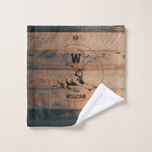 Maßgeschneiderte rustikale Holztextur & Hirschmono Badhandtuch Set (Waschlappen)