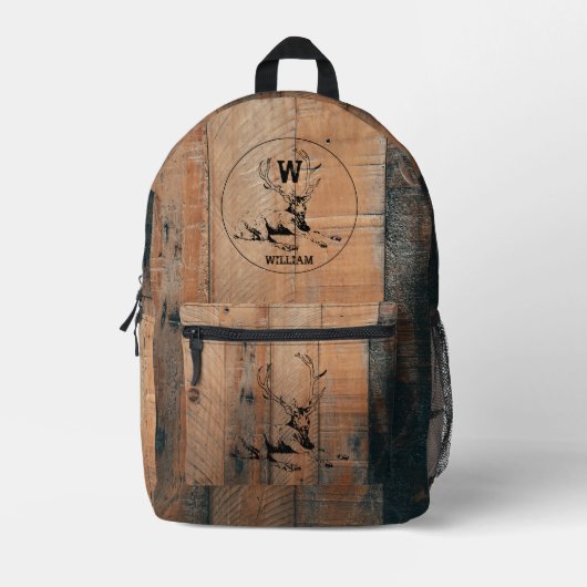 Maßgeschneiderte rustikale Holztextur & Hirschmono Bedruckter Rucksack (Vorderseite)