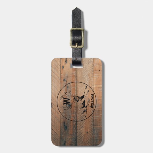 Maßgeschneiderte rustikale Holztextur & Hirschmono Gepäckanhänger (Vorderseite vertikal)