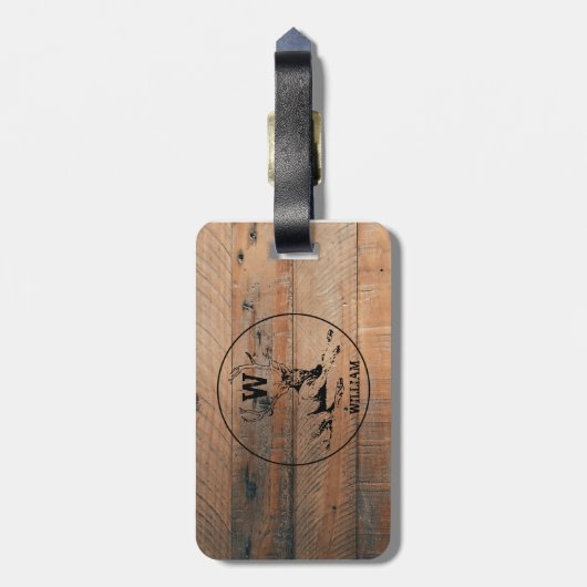 Maßgeschneiderte rustikale Holztextur & Hirschmono Gepäckanhänger (Rückseite vertikal)