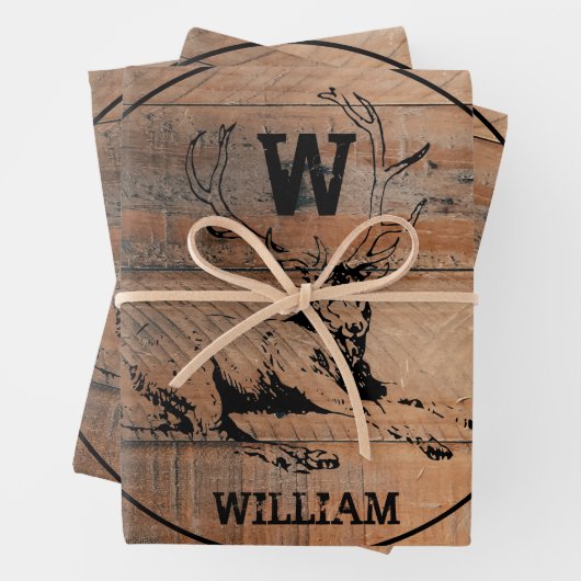 Maßgeschneiderte rustikale Holztextur & Hirschmono Geschenkpapier Set (Beispiel)