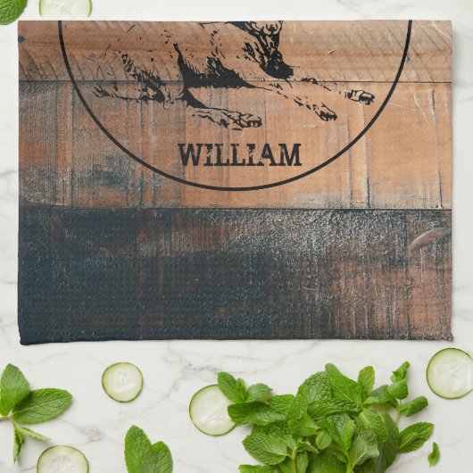 Maßgeschneiderte rustikale Holztextur & Hirschmono Geschirrtuch (Gefaltet)