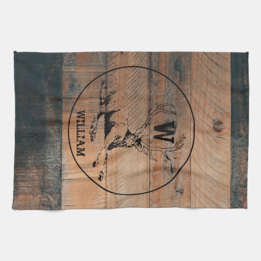 Maßgeschneiderte rustikale Holztextur & Hirschmono Geschirrtuch (Horizontal)