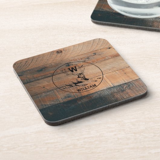 Maßgeschneiderte rustikale Holztextur & Hirschmono Getränkeuntersetzer (Linke Seite)