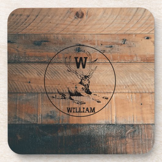 Maßgeschneiderte rustikale Holztextur & Hirschmono Getränkeuntersetzer (Vorderseite)