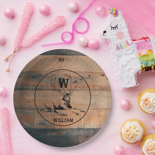 Maßgeschneiderte rustikale Holztextur & Hirschmono Pappteller (Party)