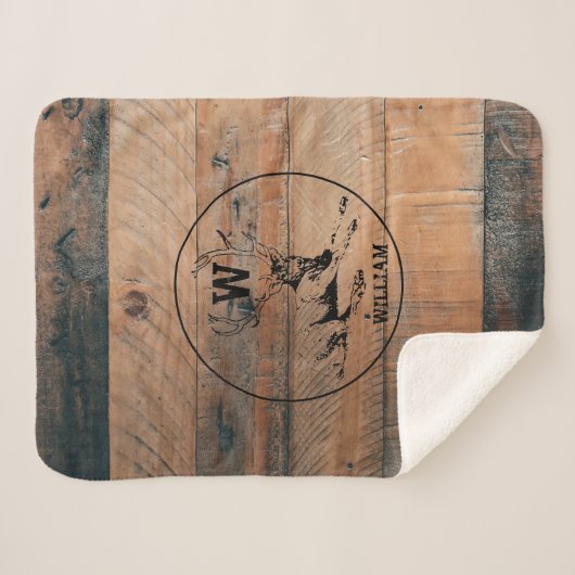 Maßgeschneiderte rustikale Holztextur & Hirschmono Sherpadecke (Vorderseite (Horizontal))