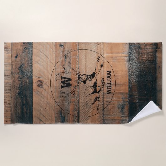 Maßgeschneiderte rustikale Holztextur & Hirschmono Strandtuch (Vorderseite)
