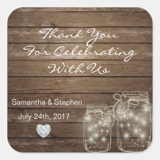Maßgeschneiderte Rustikale Mason Jars Wood Hearts Quadratischer Aufkleber (Vorderseite)
