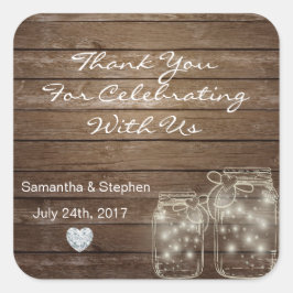 Maßgeschneiderte Rustikale Mason Jars Wood Hearts Quadratischer Aufkleber