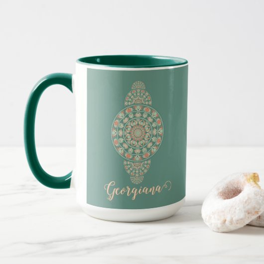 Maßgeschneiderte Sage & Sand Retro Ornamental Mand Tasse (Mit Donut)