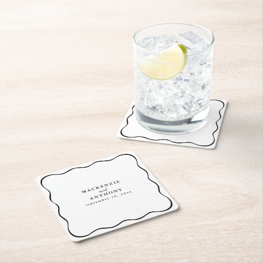 Maßgeschneiderte Schwarz-Weiß-Wavy-Rahmen-Hochzeit Rechteckiger Pappuntersetzer (Vor Ort)