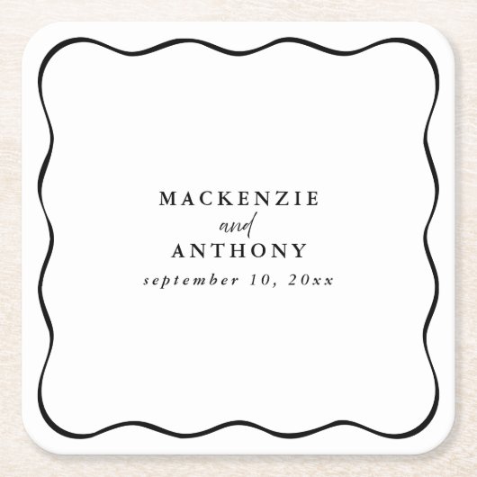 Maßgeschneiderte Schwarz-Weiß-Wavy-Rahmen-Hochzeit Rechteckiger Pappuntersetzer (Vorderseite)