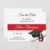 Maßgeschneiderte schwarze und rote Graduierungskap Save The Date (Vorne/Hinten)