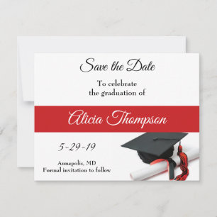 Maßgeschneiderte schwarze und rote Graduierungskap Save The Date
