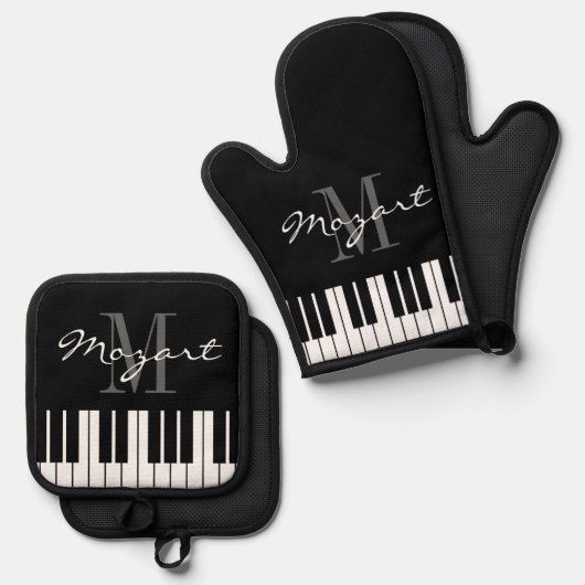 Maßgeschneiderte, schwarzweiße Klaviertasten Ofenhandschuh & Topflappen-Set (Vorderseite/Rückseite)