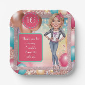 Maßgeschneiderte Süße 16 Karikatur in Denims Pappteller (Vorderseite)