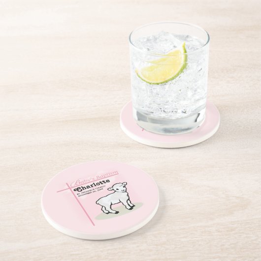 Maßgeschneiderte Taufe, Rosa, Mädchen, Lamm Getränkeuntersetzer (Seite)