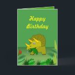 Maßgeschneiderte Triceratops Dinosaur Happy Birthd Karte<br><div class="desc">Diese niedliche, anpassbare Dinosaurier Geburtstagskarte hat einen Cartoon Triceratops vorne. Es hat drei Hörner und isst ein paar grüne Blätter. Um ihn herum gibt es einige Blätter aus dem Dschungel. Auf der Vorderseite der Karte steht: "Alles Gute zum Geburtstag." Inside sagt: "Habe eine brüllende Zeit!" Sie können diese Meldungen in...</div>