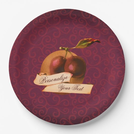 Maßgeschneiderte Vintage Pflaumen Burgundy Damask Pappteller (Vorderseite)