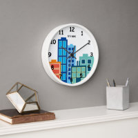 Maßgeschneiderte Wanduhr mit City Skyline gezeichn