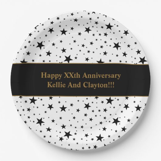 Maßgeschneiderte Weiß-/Schwarz-Sterne mit Nachrich Pappteller (Vorderseite)