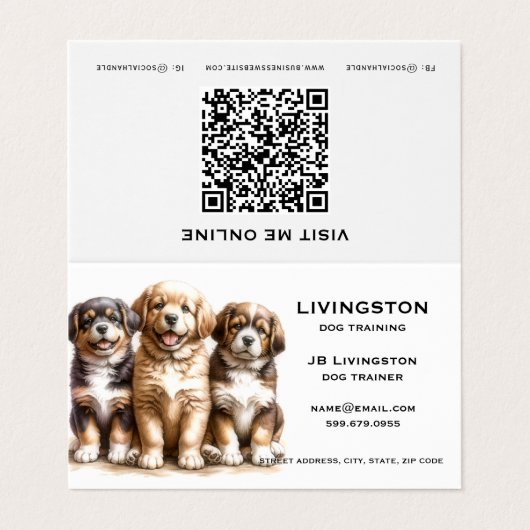 Maßgeschneiderter Dog Trainer QR Code Falsche Visi Visitenkarten (Außenseite Aufgefaltet)