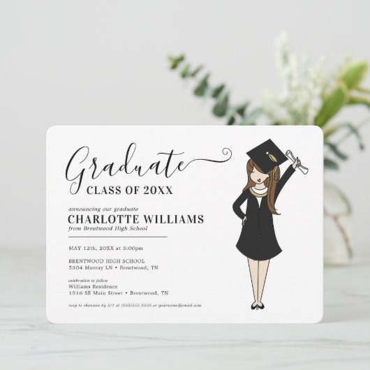 Maßgeschneiderter Girl-Avatar | High School Abschl Einladung (Stehend Vorderseite)