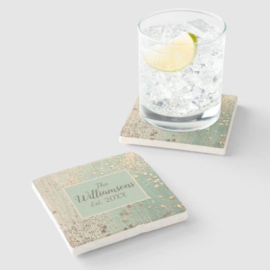 Maßgeschneiderter Goldstaub auf Sea Green Steinuntersetzer (Seitenansicht)