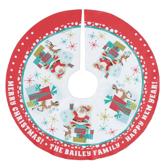 Maßgeschneiderter Retro Santa mit Geschenken Polyester Weihnachtsbaumdecke (Vorderseite)