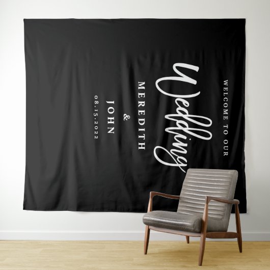 Maßgeschneiderter Schwarz-Weiß-Hochzeitshintergrun Wandteppich (Beispiel (Horizontal))