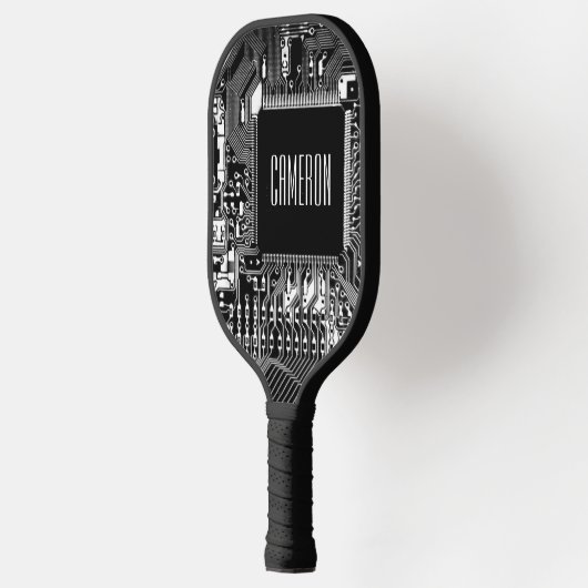 Maßgeschneiderter Schwarz-Weiß-PCB Mikrochip Geeky Pickleball Schläger (Links)