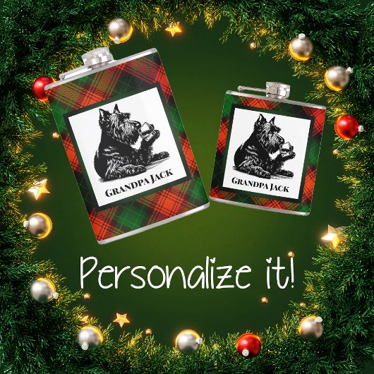 Maßgeschneiderter Scotty Hund und Tartan Wee Dram Flachmann