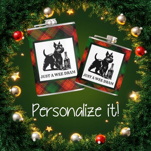 Maßgeschneiderter Scotty Hund und Tartan Wee Dram Flachmann